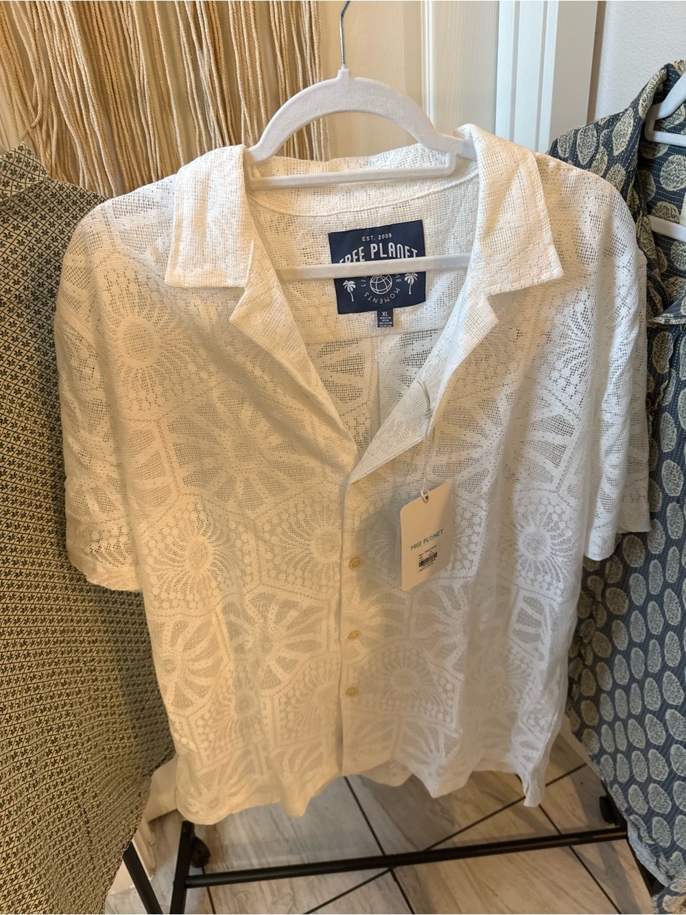 Free Planet White Openwork Crochet-Style Camp Shirt
